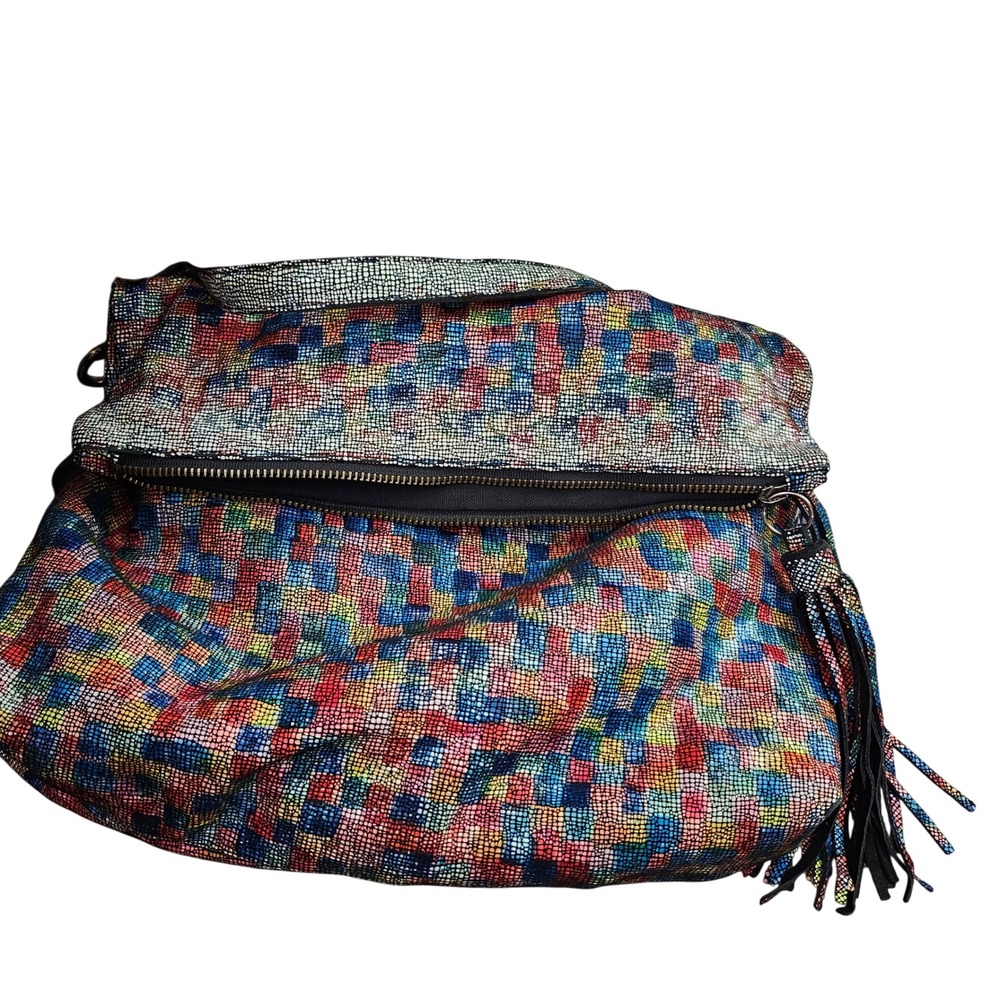 Inami Multicolor Mosaic Textured Leather Foldover Clutch Bag with Tassel